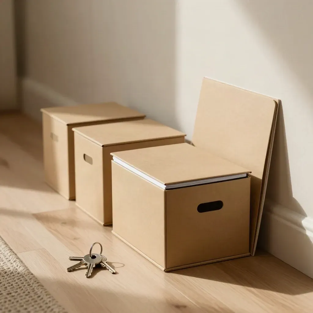 Storage boxes, retirement folder and keys on a hallway landing, front lid lifting open.