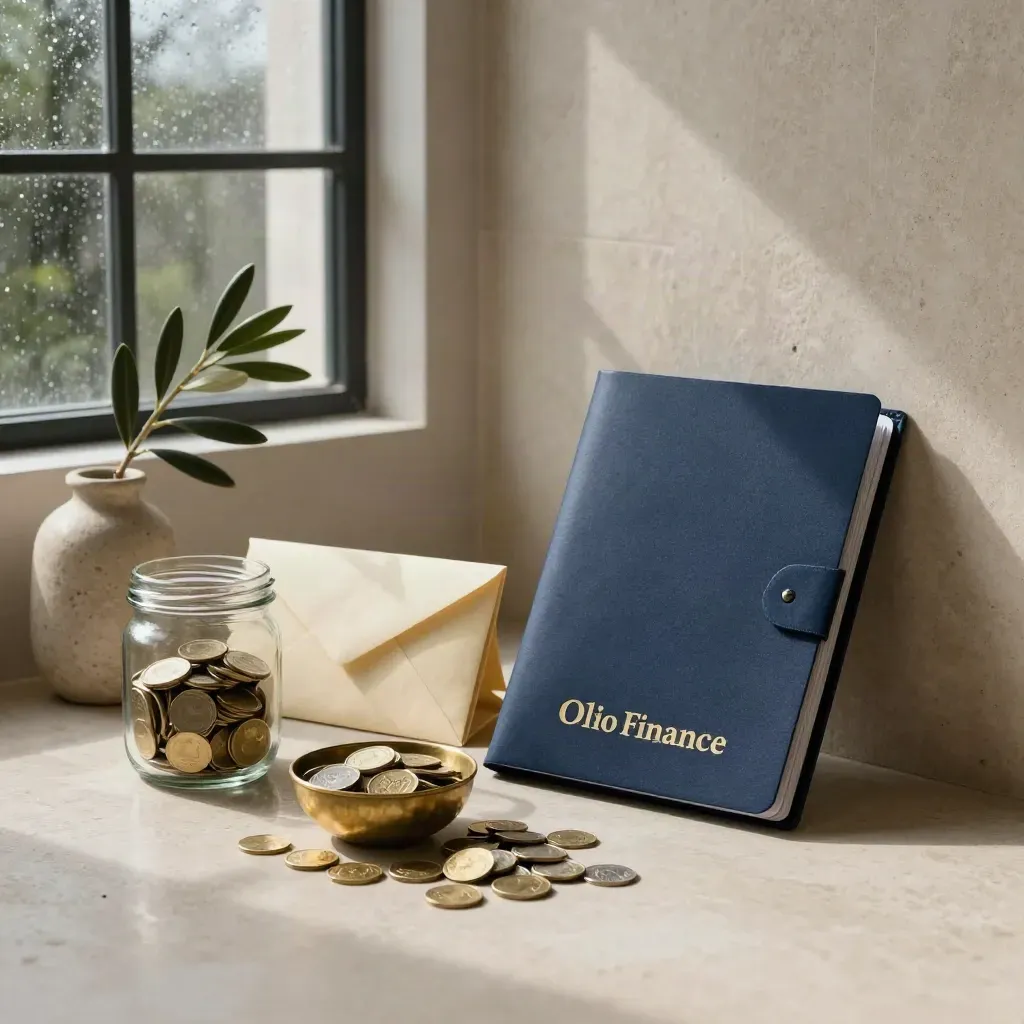 Pension folder, coin bowl, savings jar and envelopes on pale stone in moody morning light.
