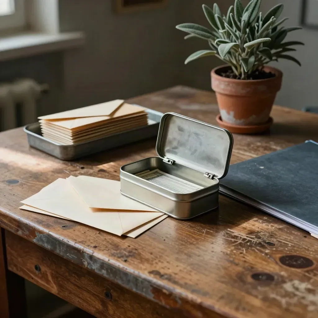 Open cash tin, envelopes, receipt tray and plant on a worn workshop desk in soft morning light.