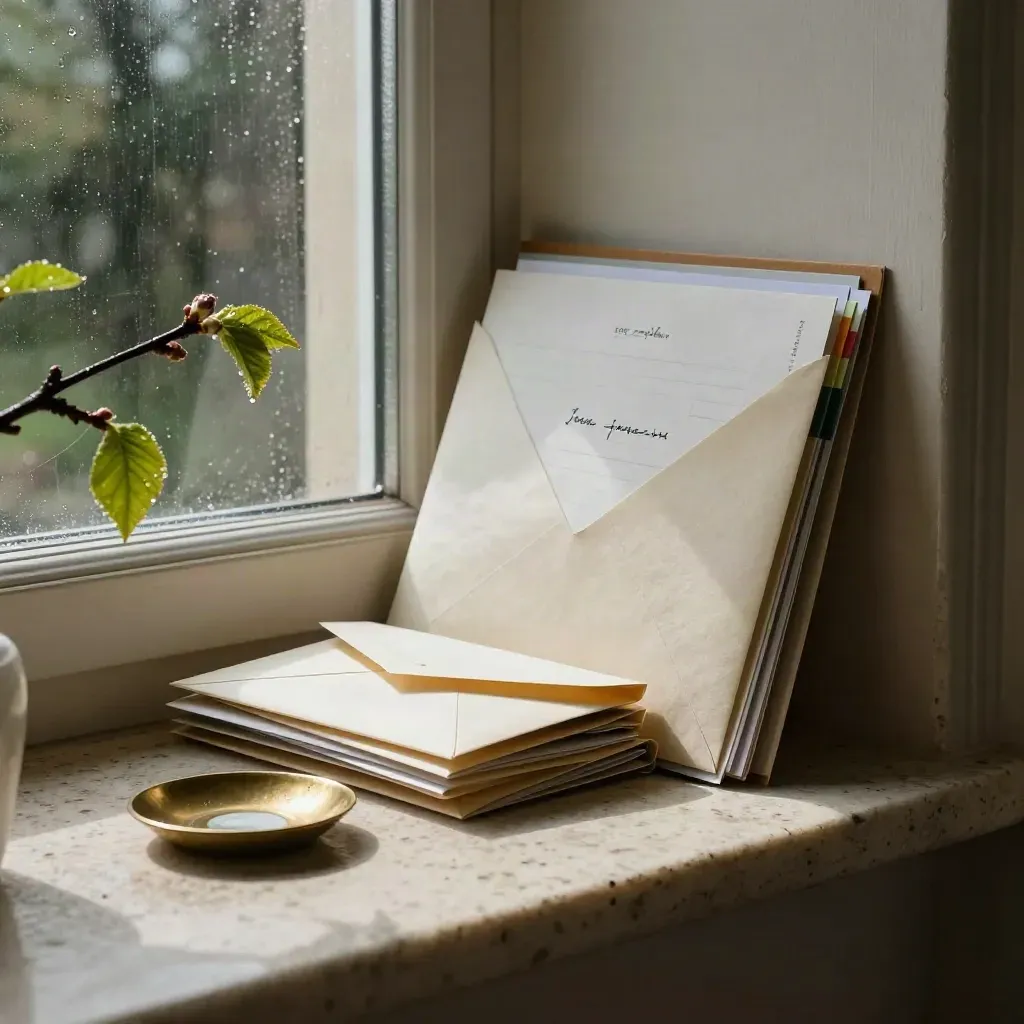 Tax-year planning on a stone shelf with envelopes, tabbed folder, brass dish and seasonal branch.