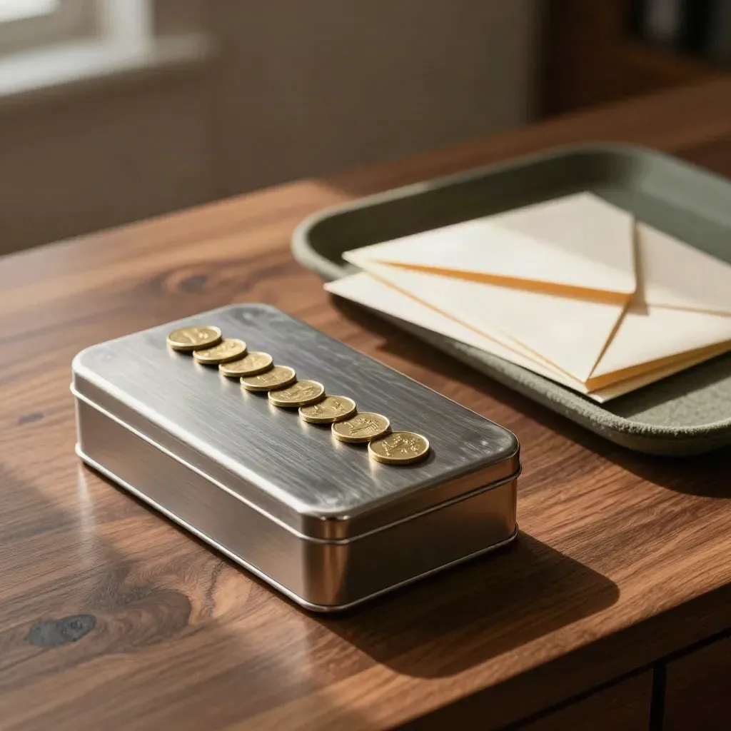 Cash tin, unmarked envelopes and brass tokens on a walnut desk in warm late-day light.