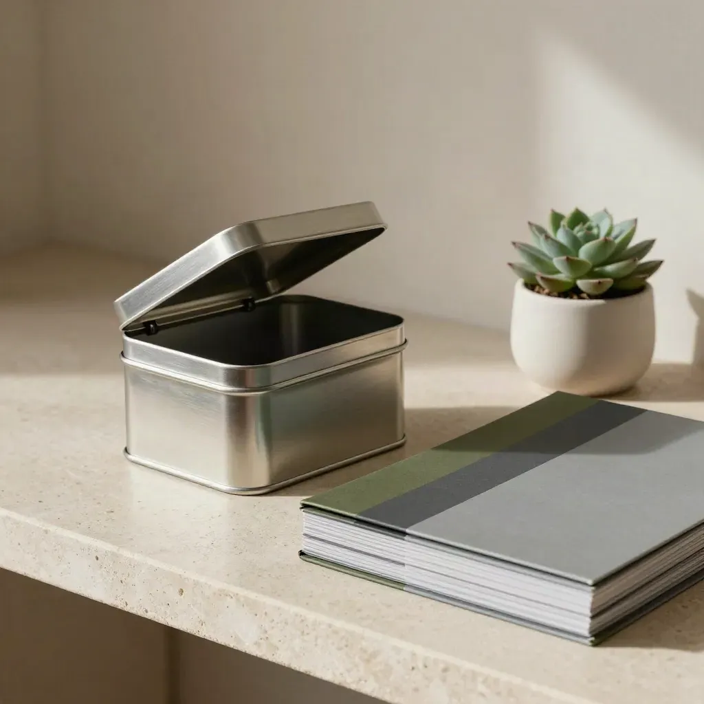 Open cash tin beside folders and a small succulent on a pale stone shelf.